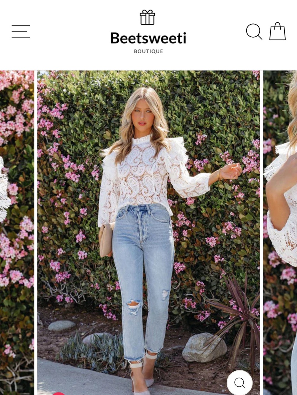 Women's White Paisley Lace Ruffle Blouse - Picture 5 of 9